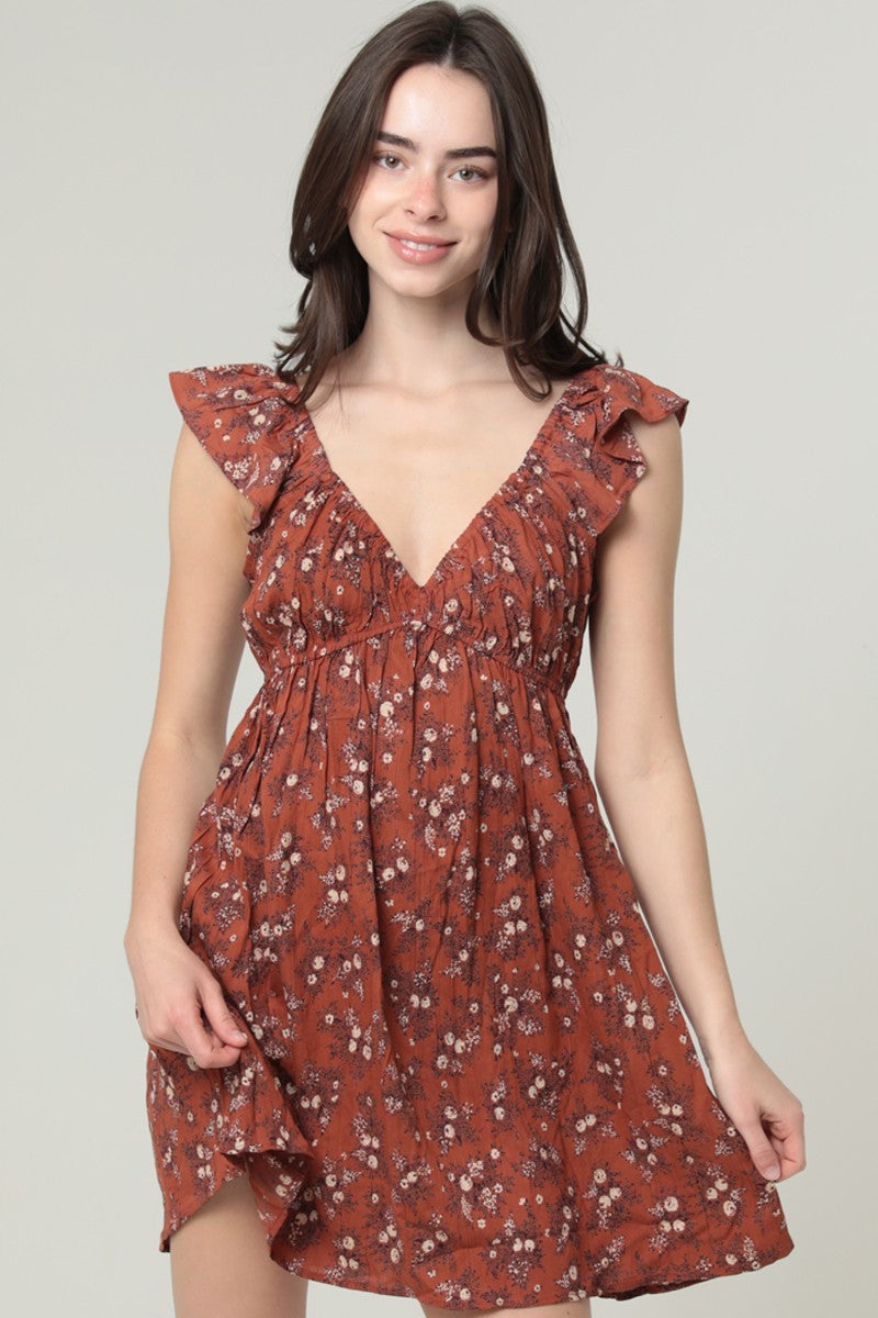 V Neck Flutter Sleeve Empire Waist Printed Dress