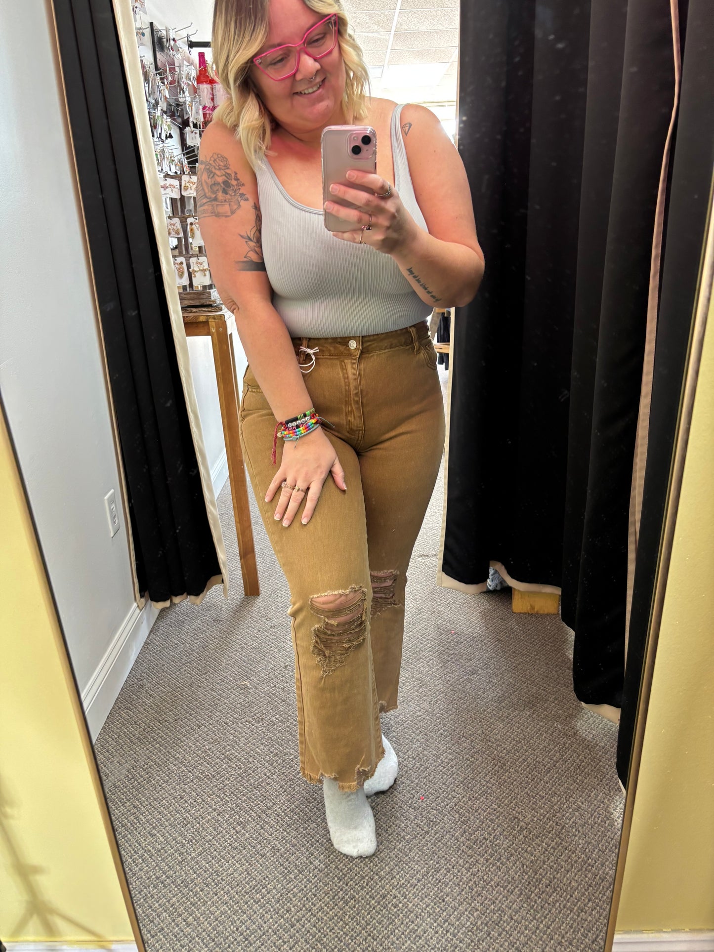 Deep Camel Acid Wash High Waisted Pants