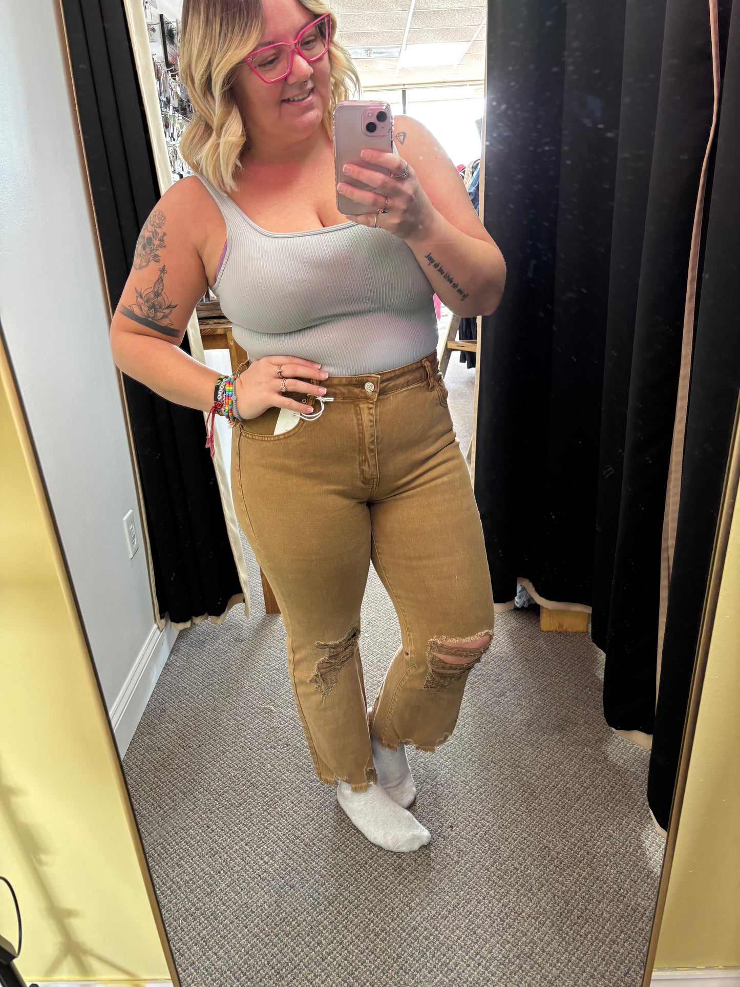 Deep Camel Acid Wash High Waisted Pants