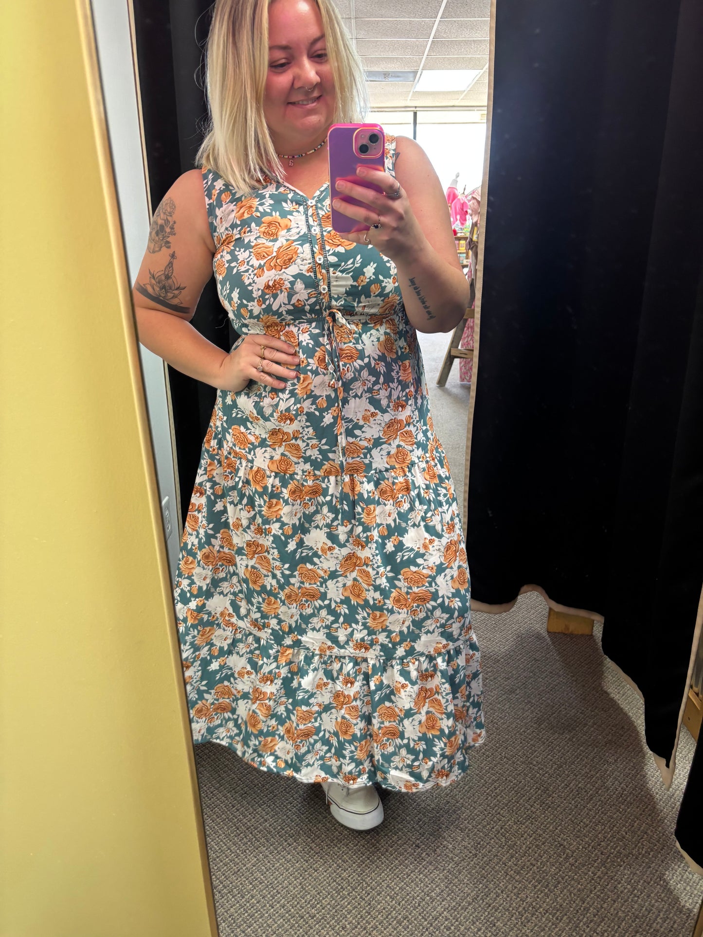 Teal + Orange Floral Dress