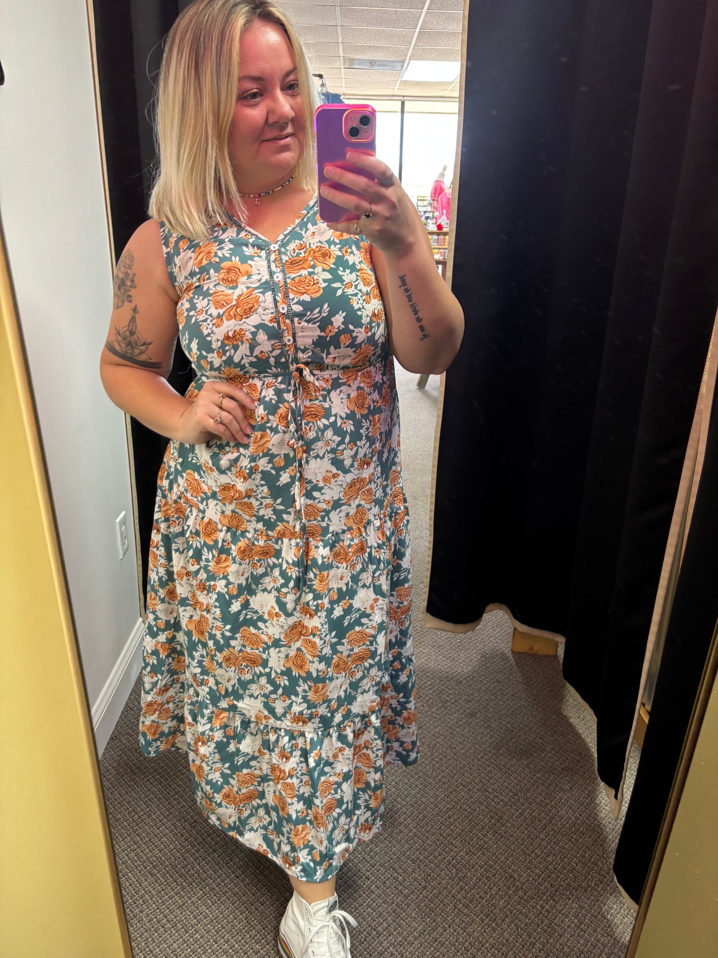 Teal + Orange Floral Dress
