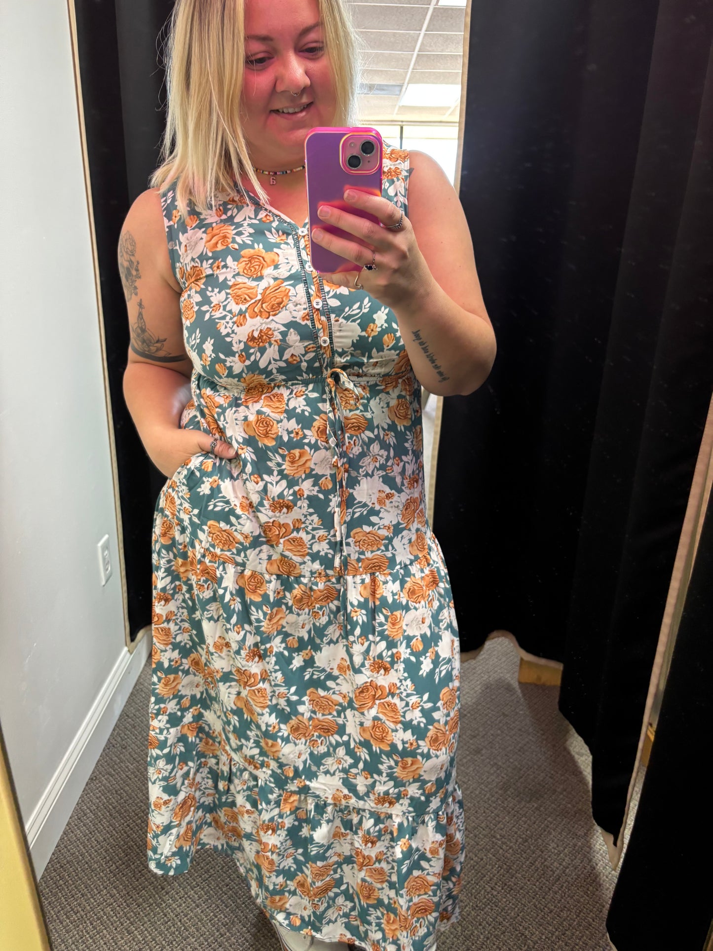 Teal + Orange Floral Dress