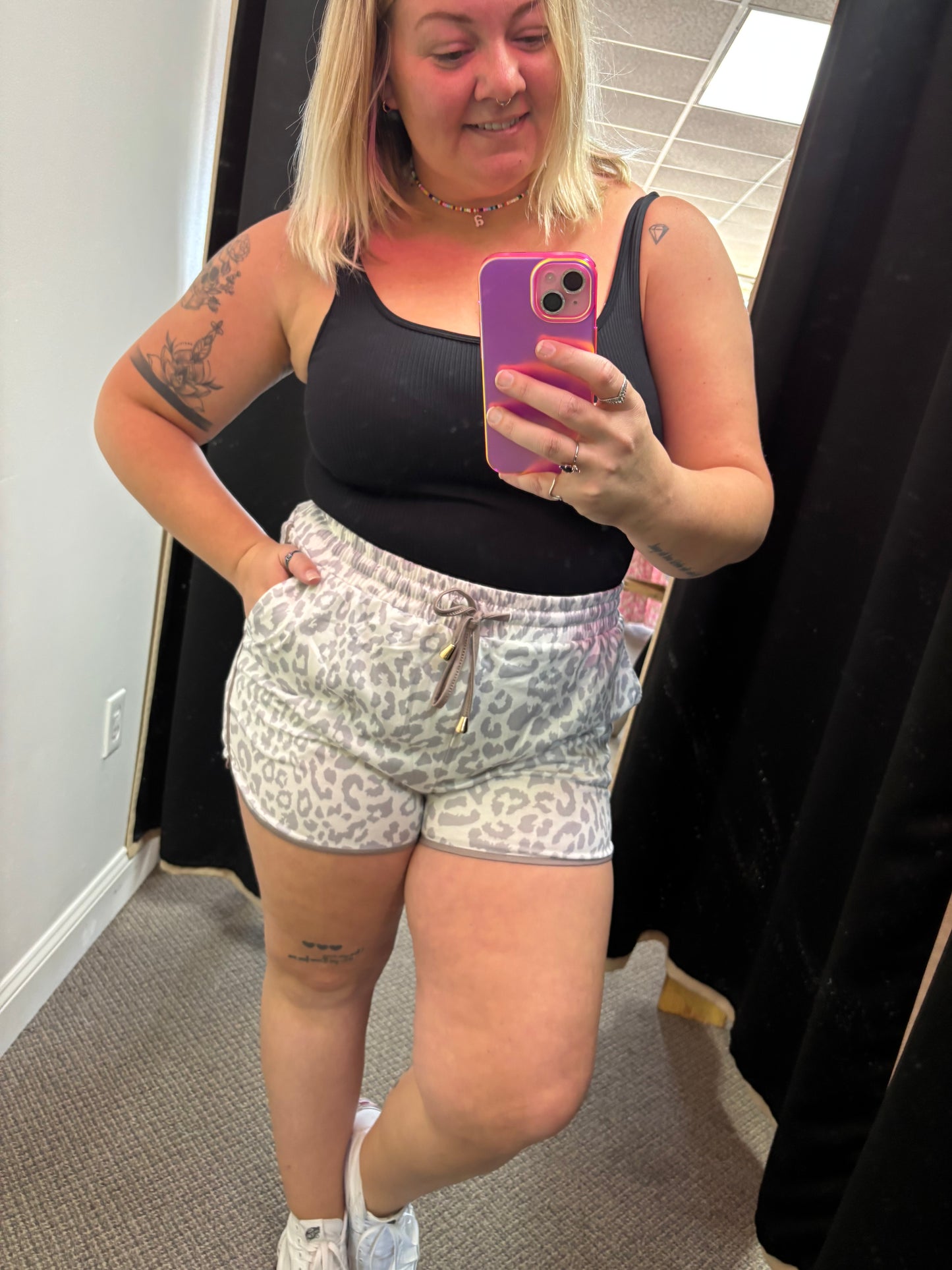 White and Khaki Cheetah Print Shorts