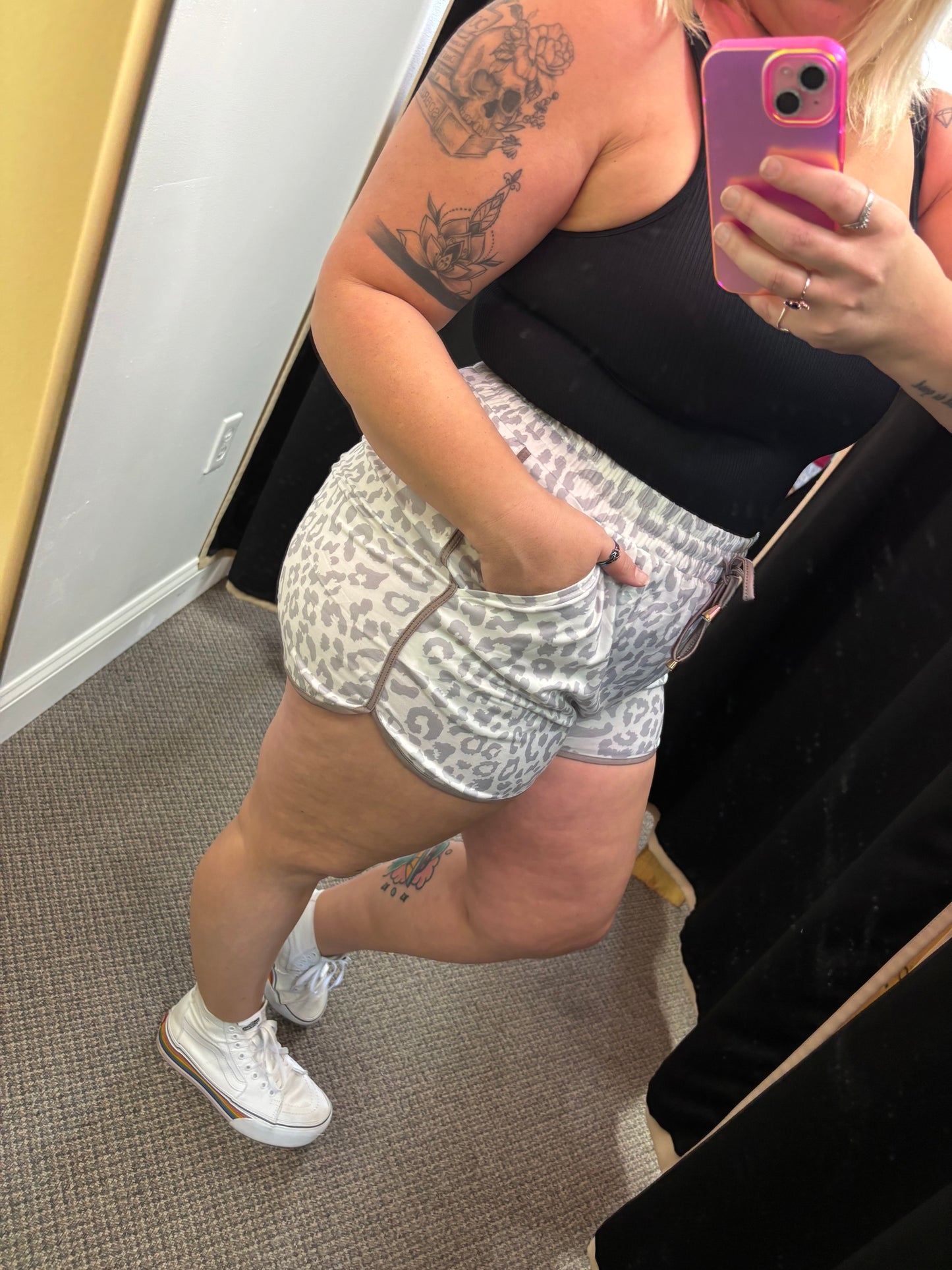 White and Khaki Cheetah Print Shorts