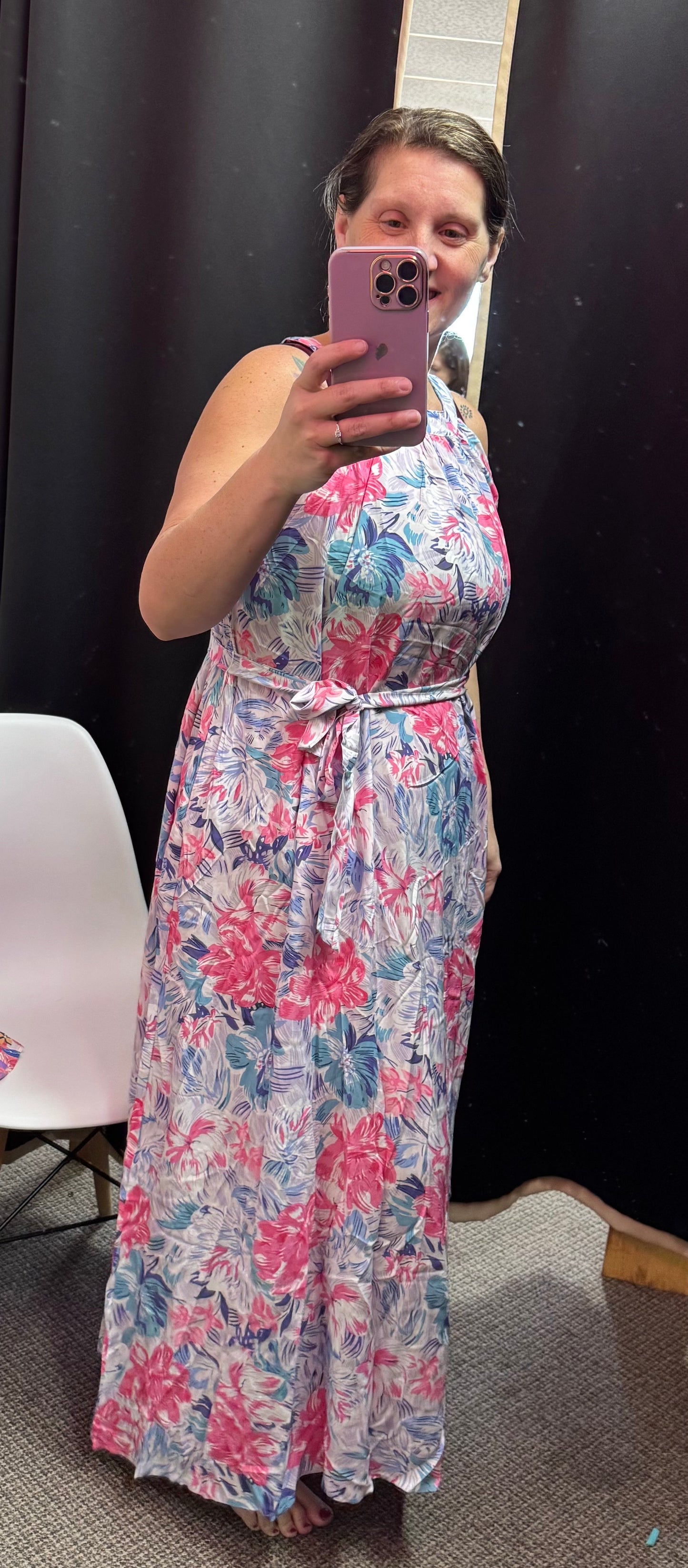 Sky Blue Floral Printed Sleeveless O Neck Knot Waist Maxi Dress