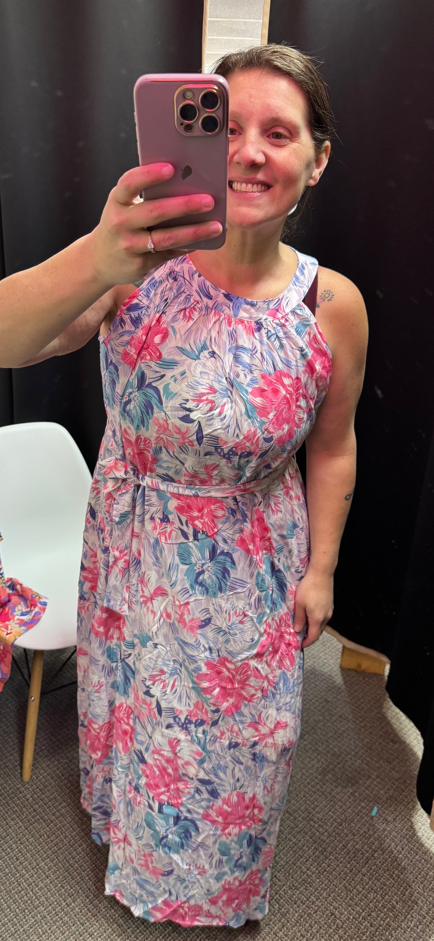 Sky Blue Floral Printed Sleeveless O Neck Knot Waist Maxi Dress