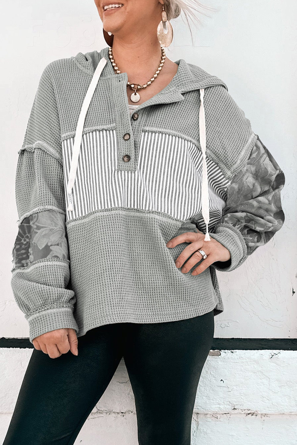 Waffle Patchwork Hooded Top