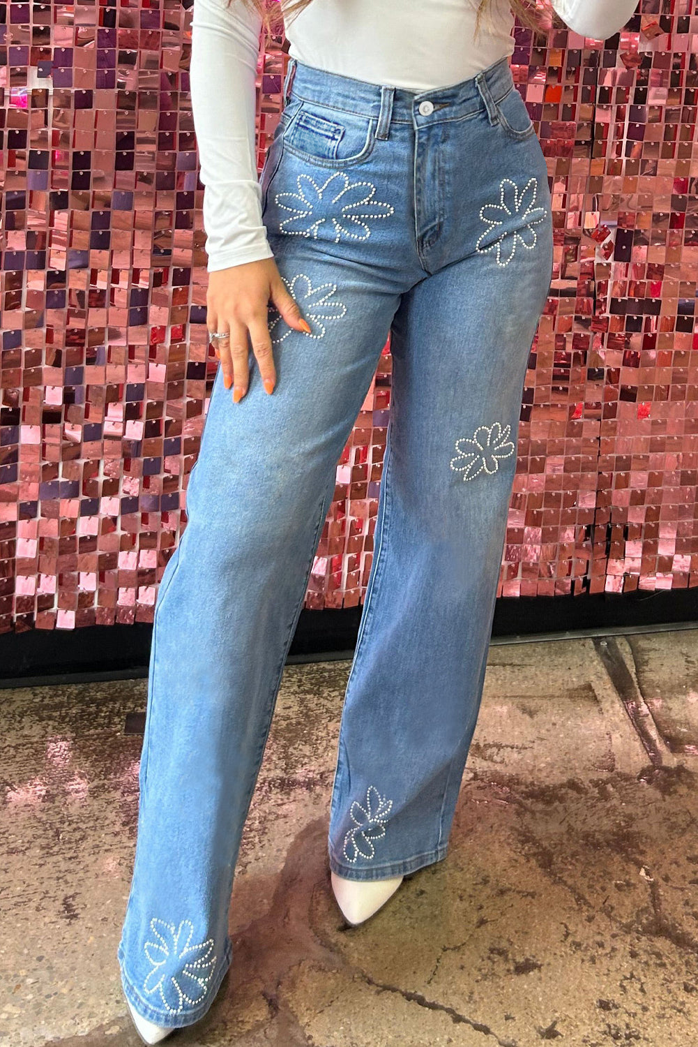 Light Blue Floral Rhinestone Decor High Rise Wide Leg Jean