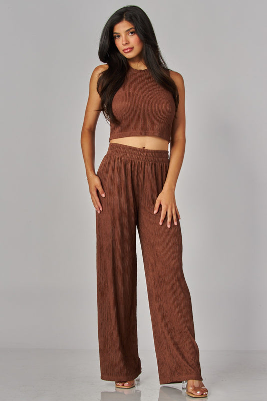 Crinkled Plisse 2pc Loungewear Set-Chestnut