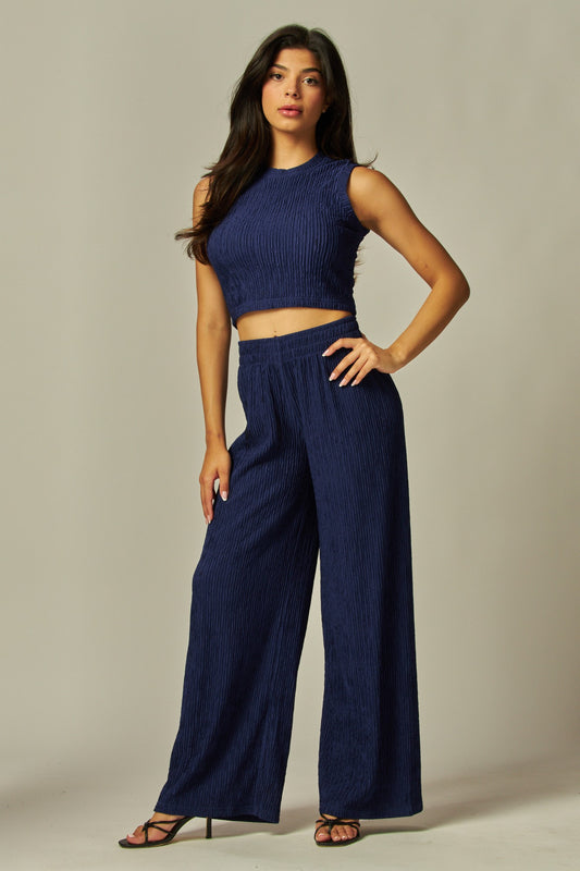 Crinkled Plisse 2pc Loungewear Set-blue