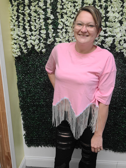 Pink Fringed Sequin Crop T-shirt