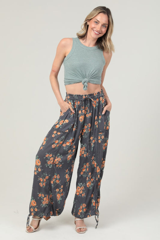 Lace Trim Drawstring Hem Floral Print Pants