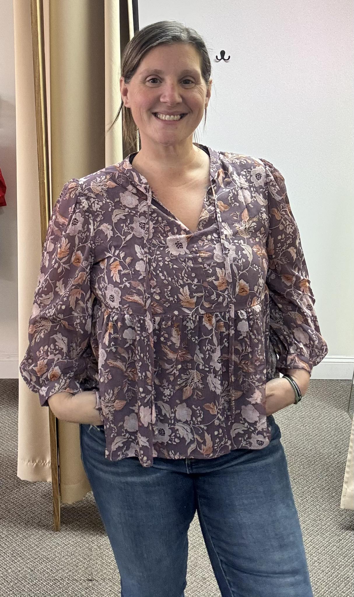 Blue Boho Flower Print 3/4 Sleeve Babydoll Blouse