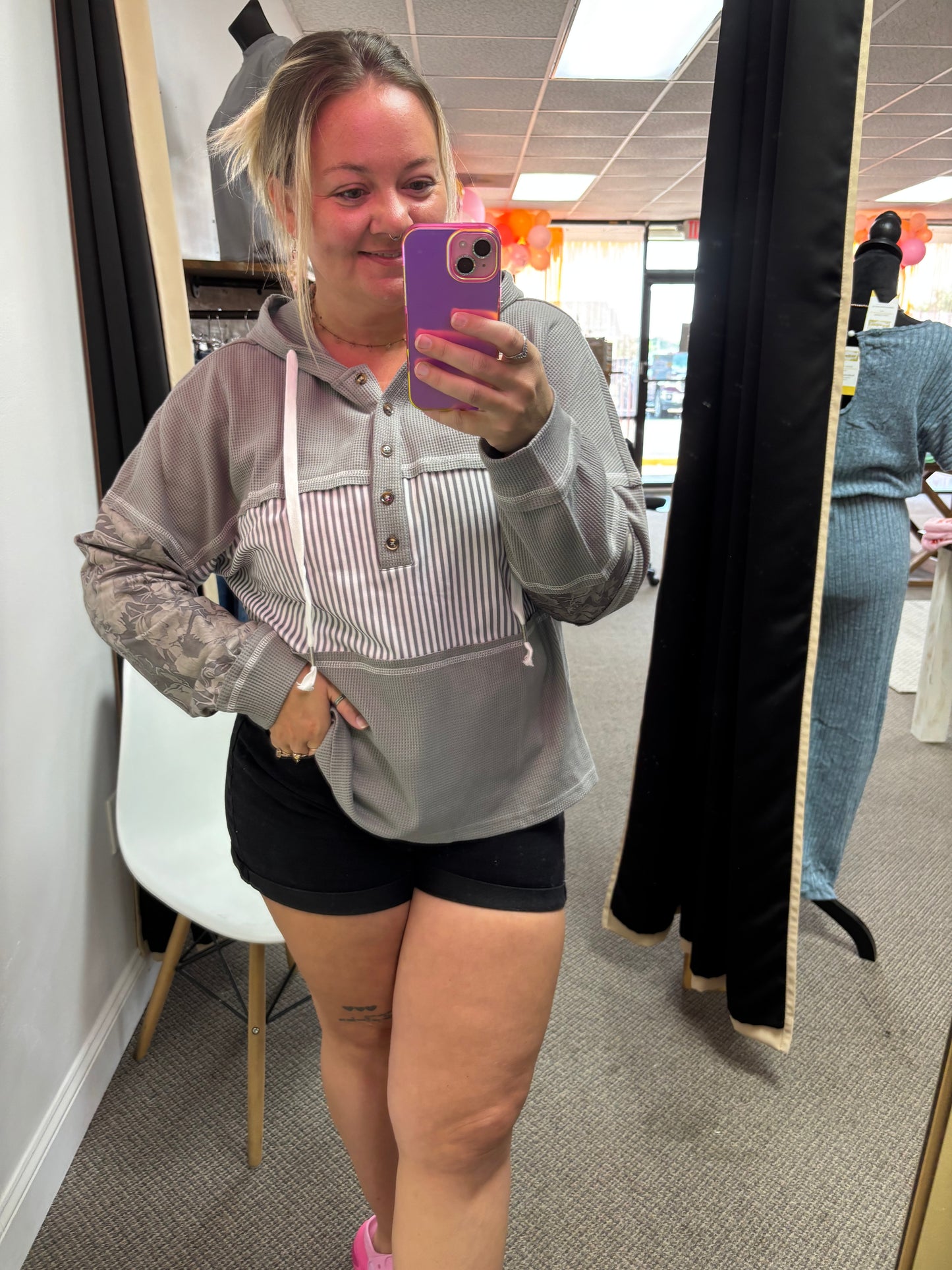 Waffle Patchwork Hooded Top