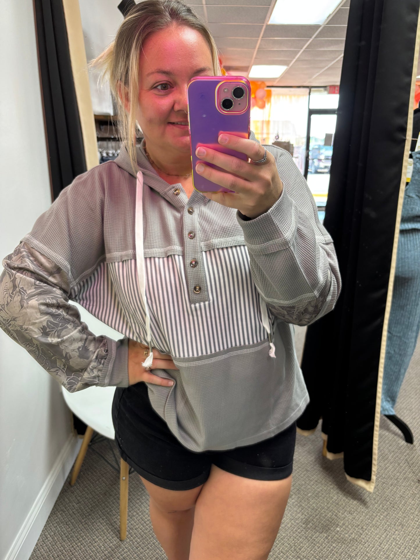 Waffle Patchwork Hooded Top