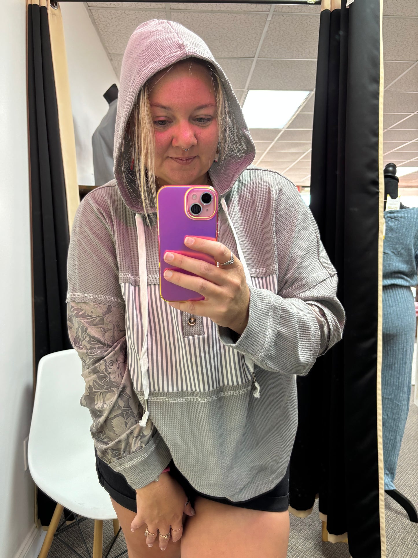 Waffle Patchwork Hooded Top
