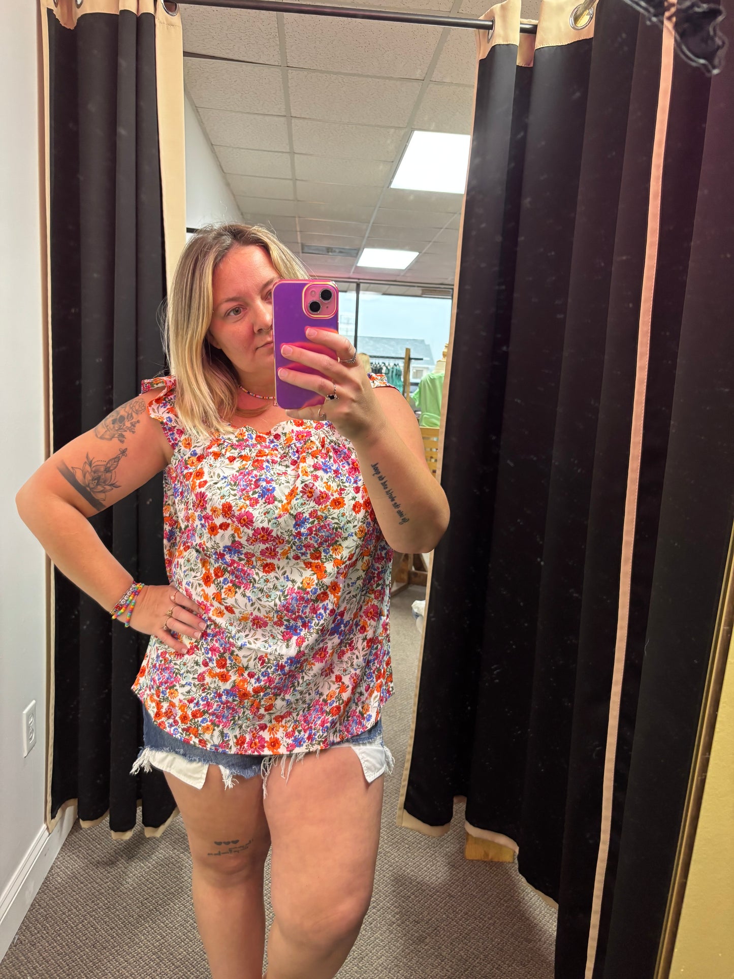 Rose Red Floral Flutter Sleeve Tank