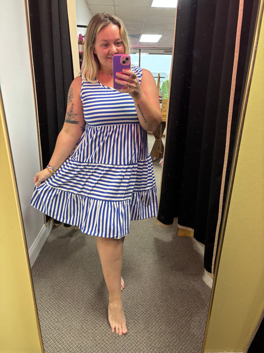 Sky Blue Stripe U-Neck Sleeveless Dress