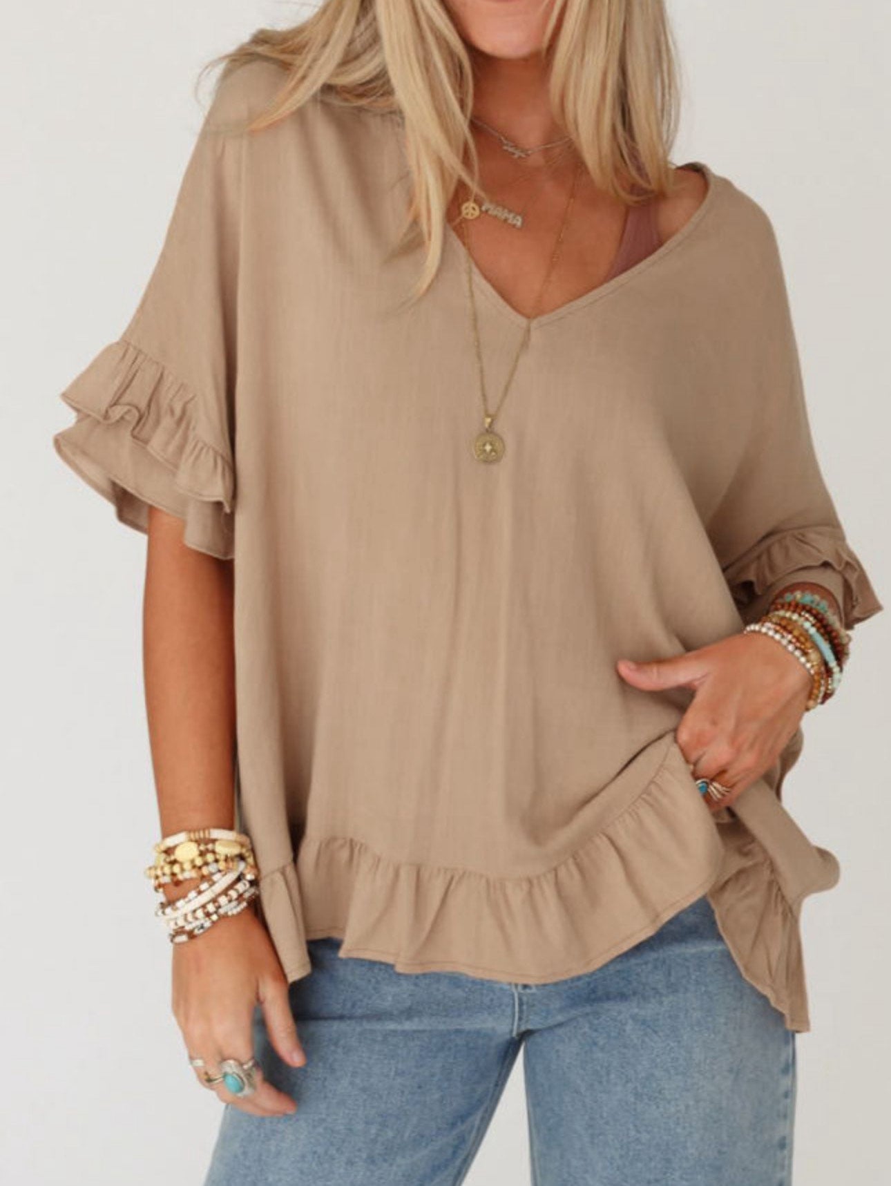 French Beige Loose Ruffles V Neck Blouse