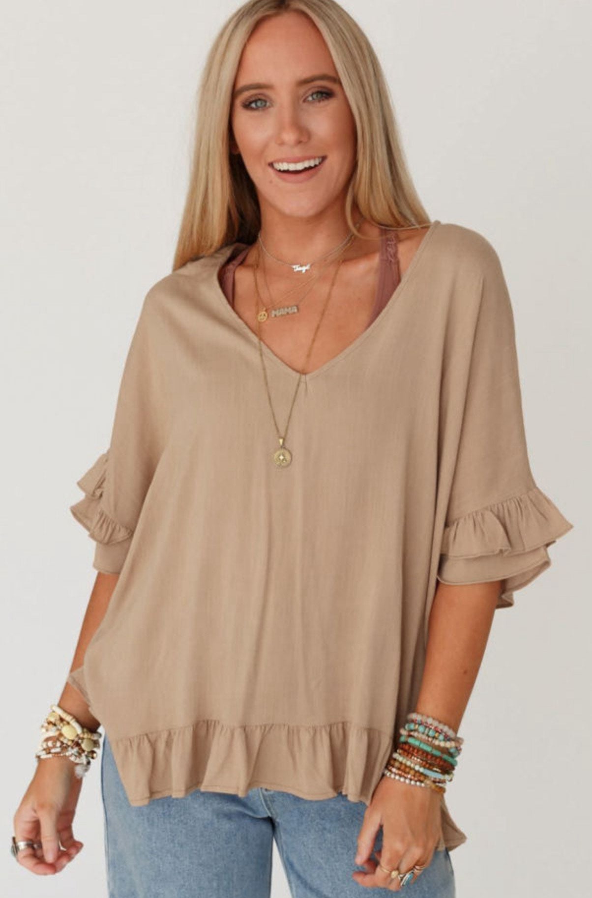 French Beige Loose Ruffles V Neck Blouse