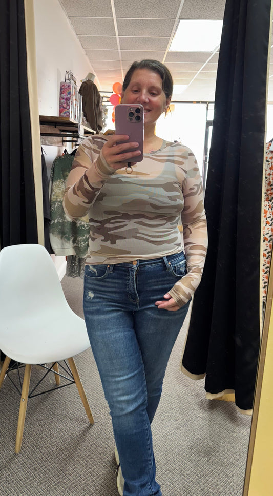 Green Western Fashion Camouflage Print Mesh Long Sleeve Top