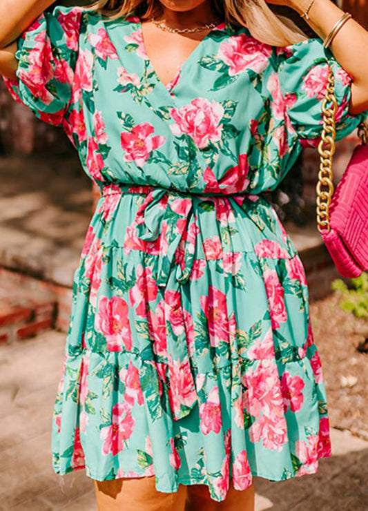 Green Floral Bubble Sleeve Dress