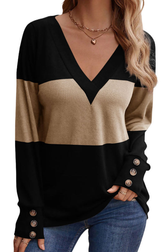 Long Sleeve tan and black with Button Detail