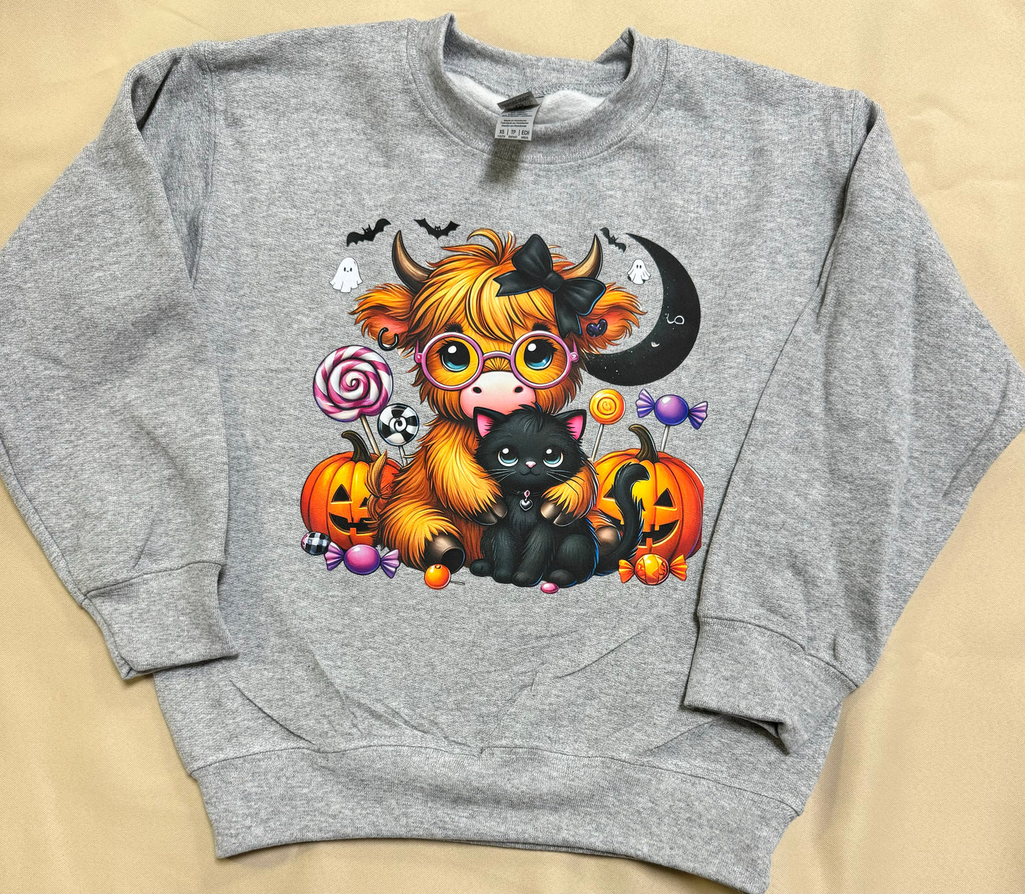 Cute Highland Cow and Black Cat Halloween Sweater