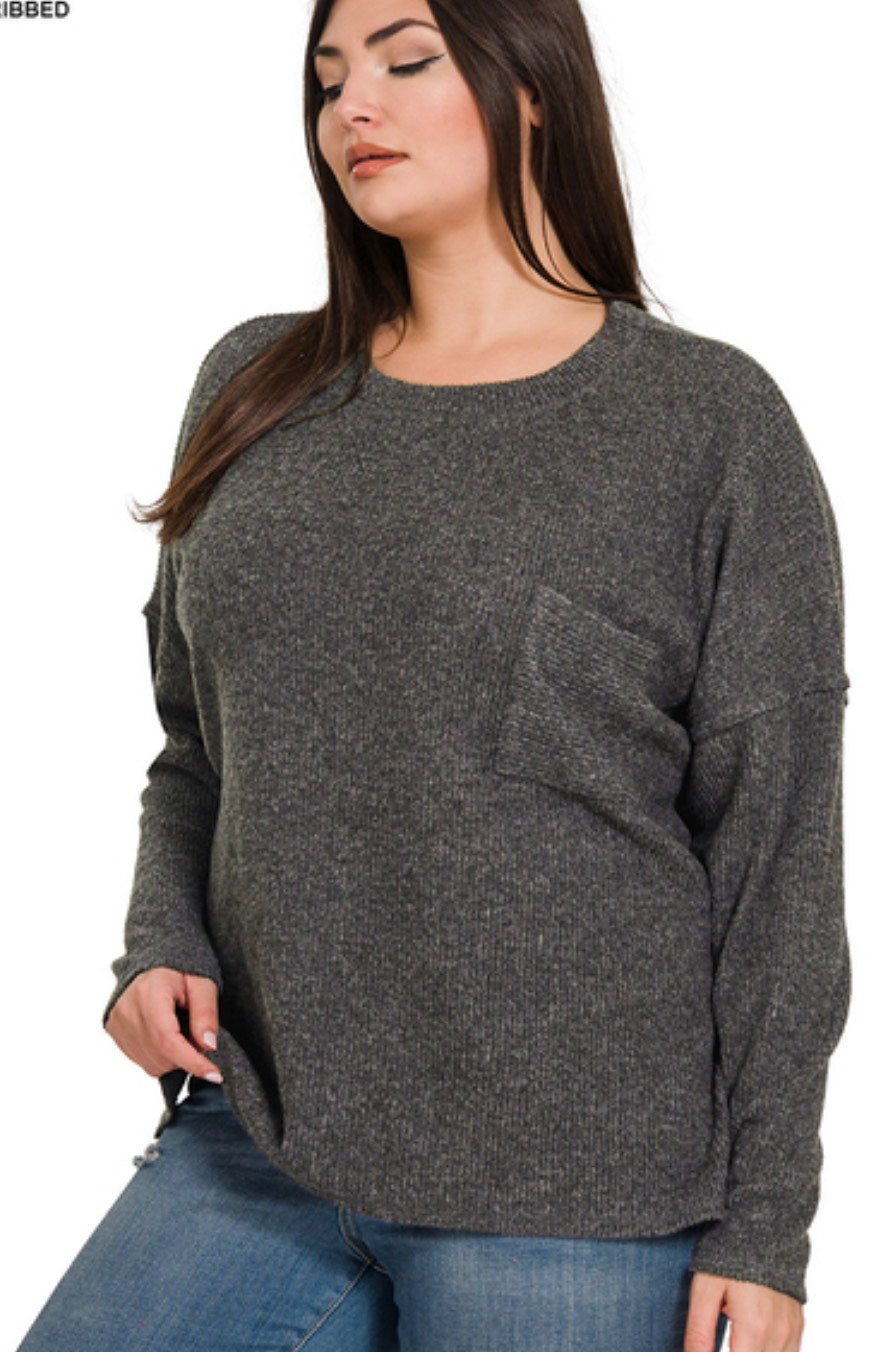 Plus ribbed brushed melange hacci sweater w pocket