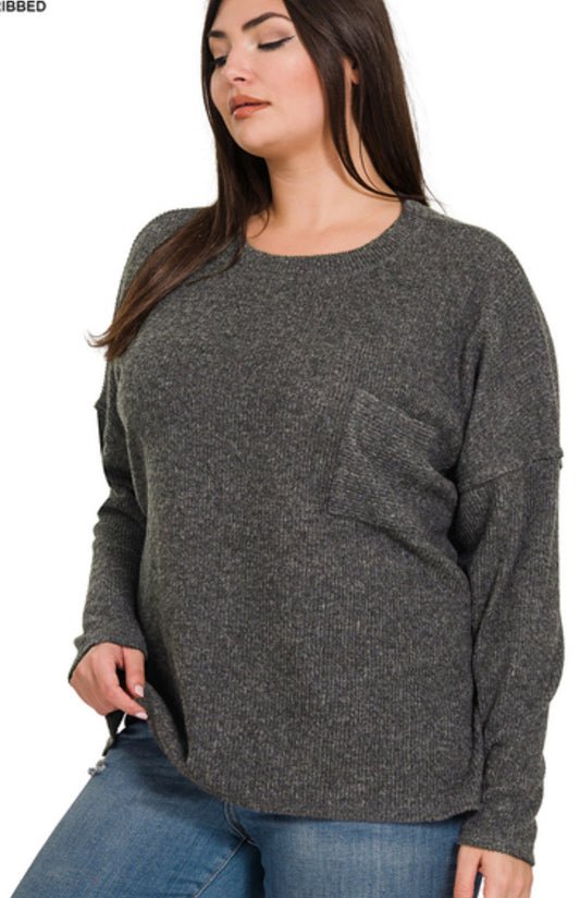 Plus ribbed brushed melange hacci sweater w pocket