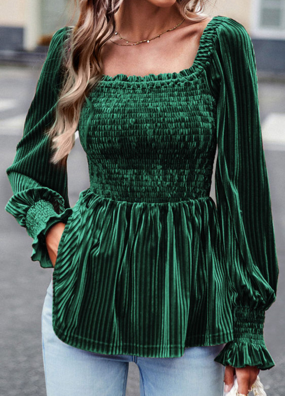 Blackish Green Smocked Ribbed Velvet Babydoll Top