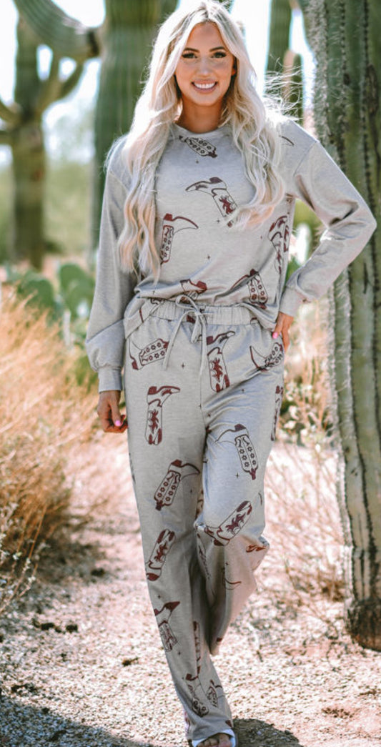 Gray Cowgirl Boots Printed Long Sleeve Top Pants Lounge Set