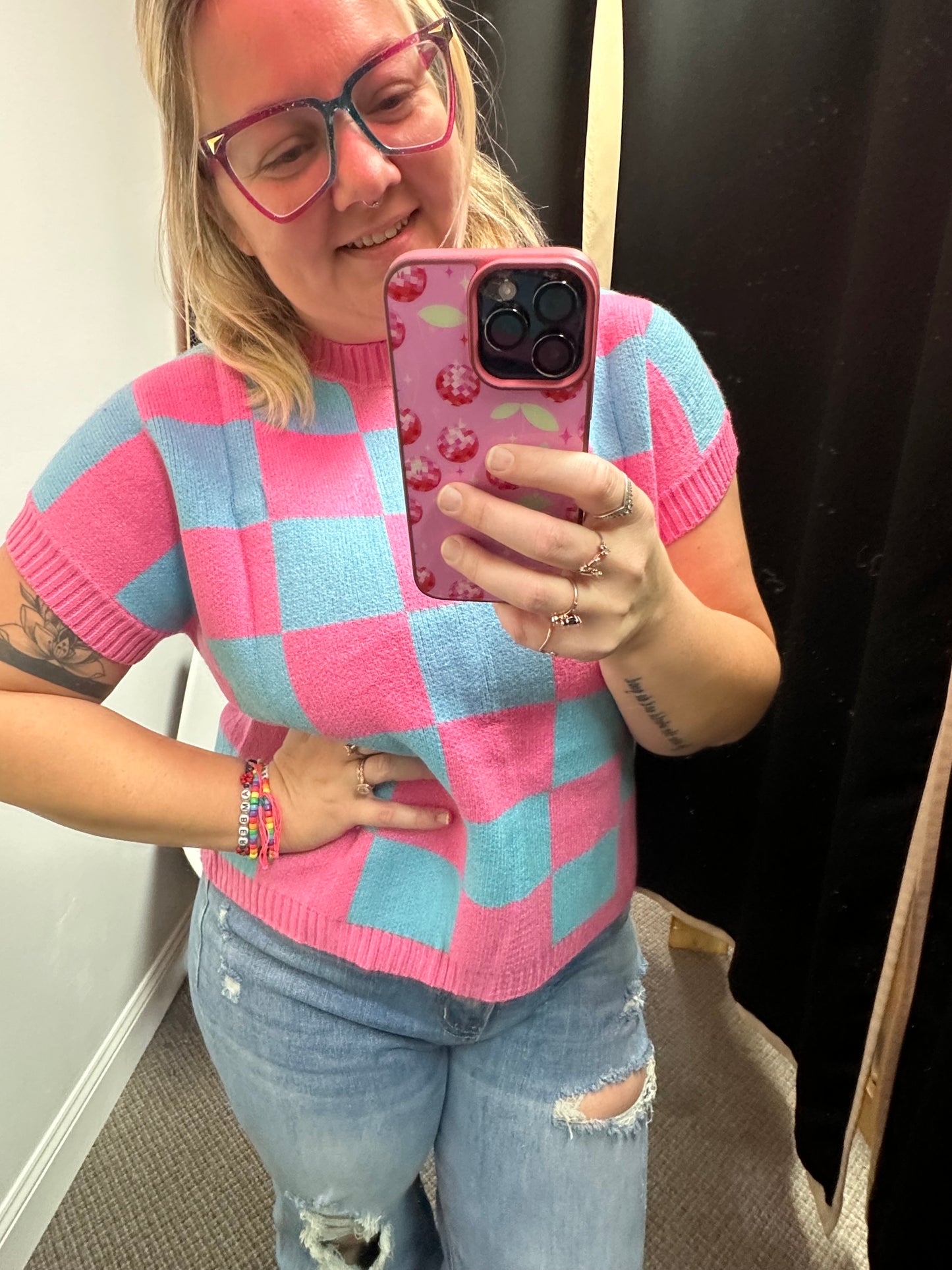 Pink + Teal Check Sweater T