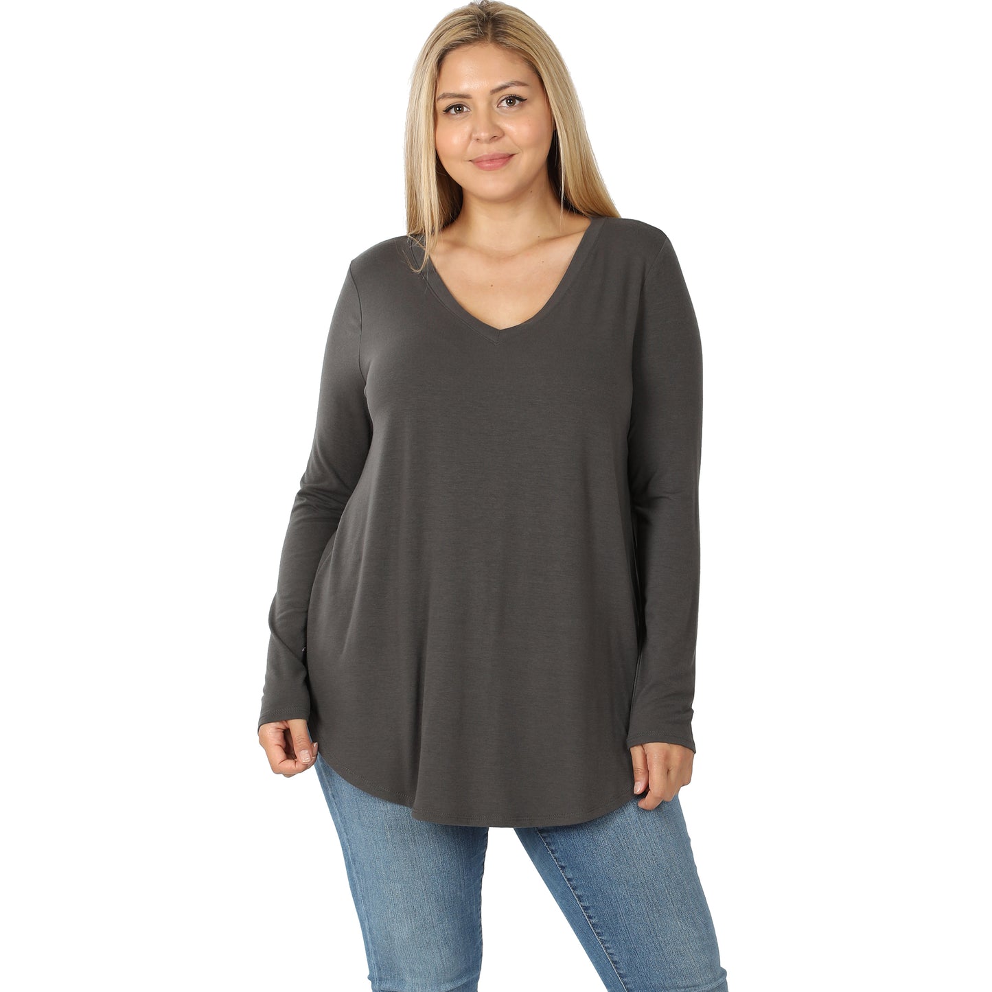 Curvy Long Sleeve V-Neck Round Hem