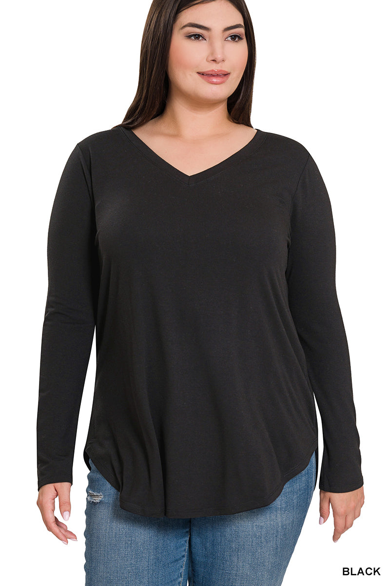 Curvy Long Sleeve V-Neck Round Hem