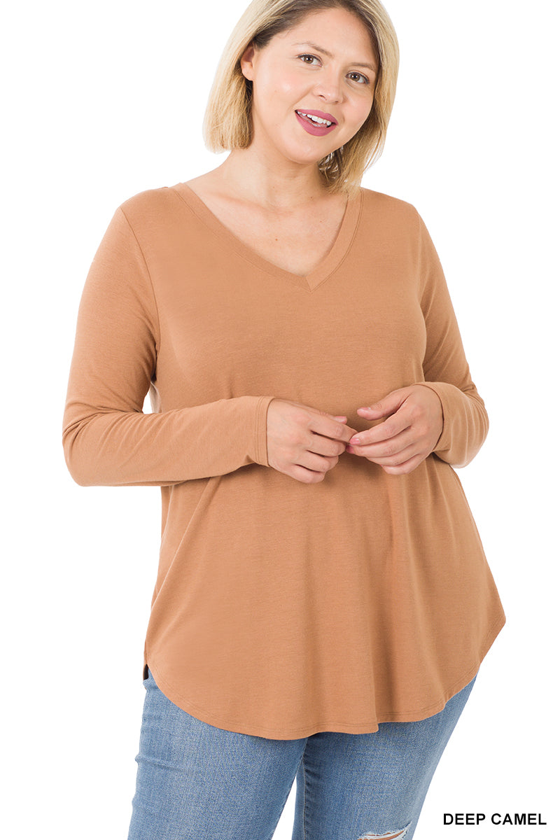 Curvy Long Sleeve V-Neck Round Hem