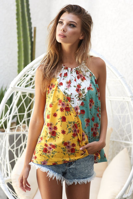 Floral Printed Jersey Knit Color Block Halter
