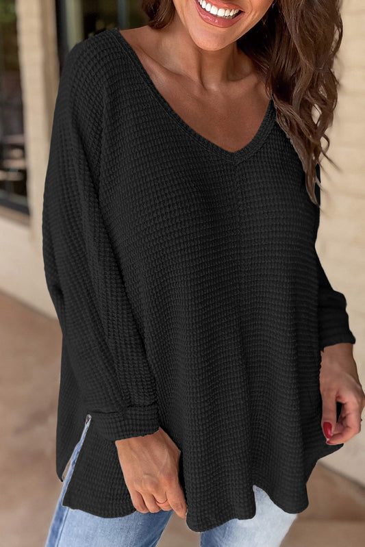 Black Waffle Knit Side Slits Loose Fit V Neck Top