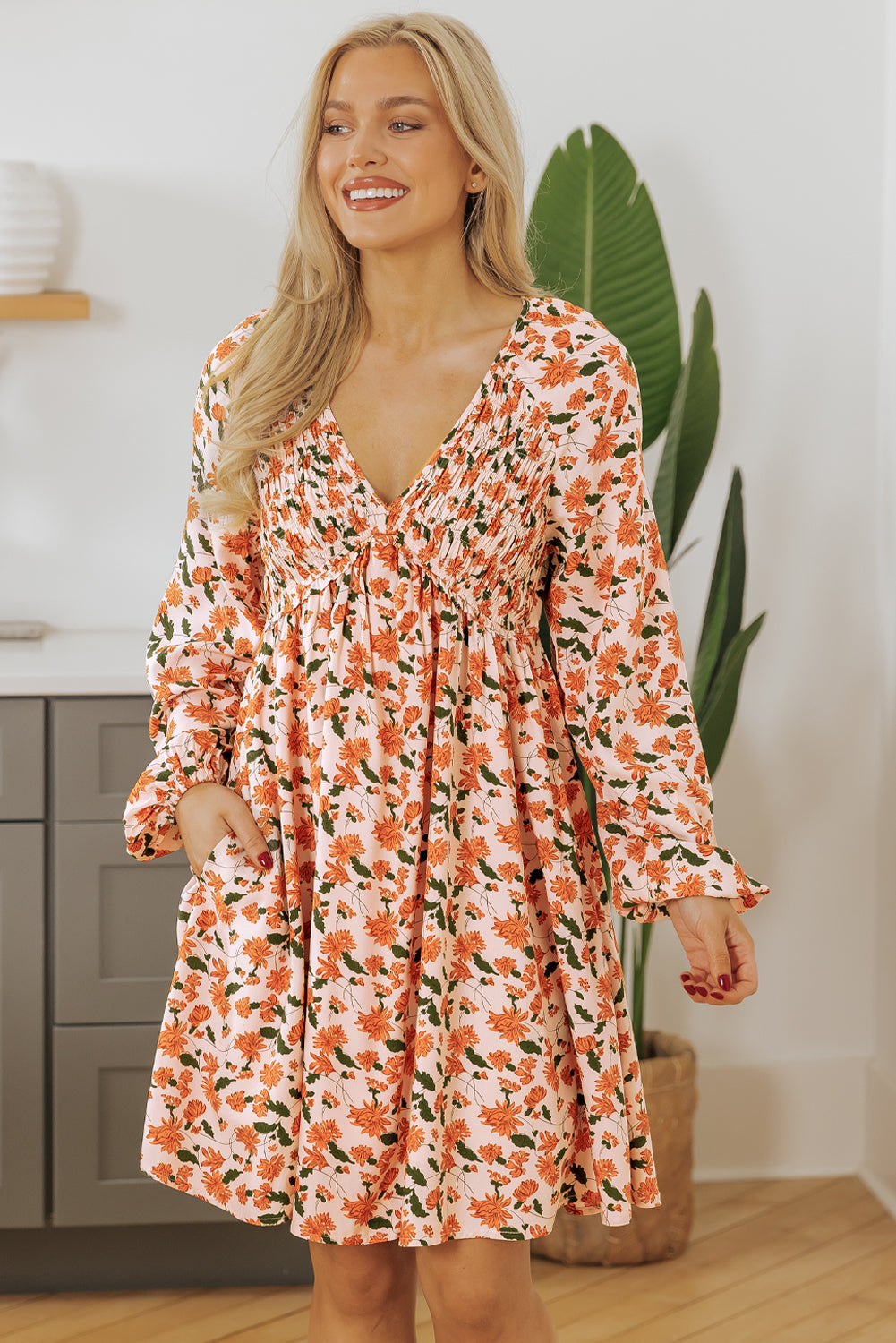 Fall Floral V-Neck Dress